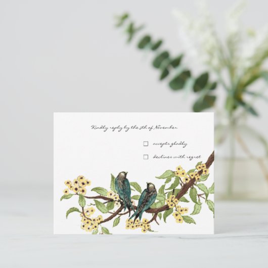 Gele bloemen Blauwgroen vogelreactiekaart Uitnodiging Briefkaart (Staand voorkant)