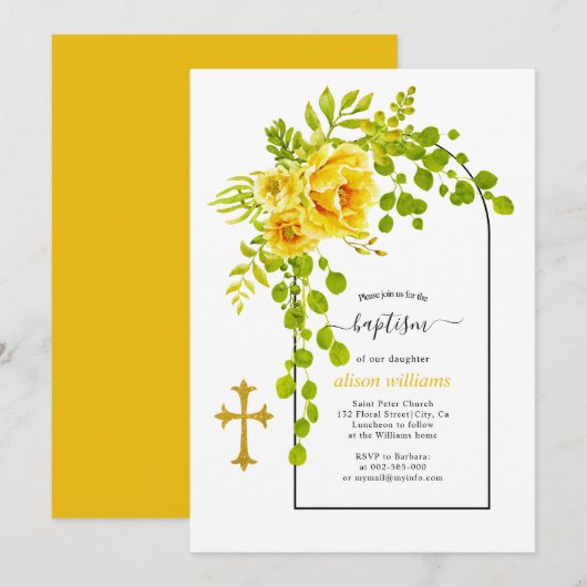 Gele bloemen en baptisme op de boog kaart (Voorkant / Achterkant)