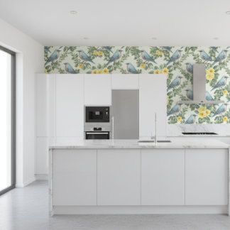 Gele bloemen en blauwe vogels  behang