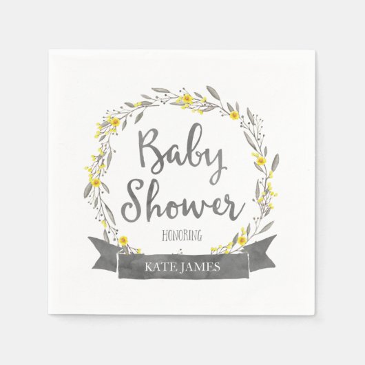 Gele bloemen en Grijze bladeren, Baby shower Servetten (Voorkant)