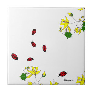 Gele bloemen en Zes Kleine Ladybugs Tile Tegeltje