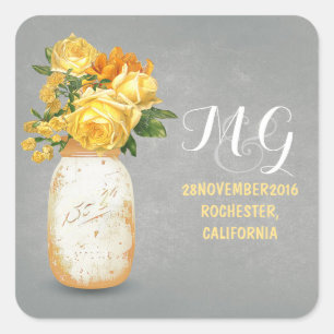 Gele bloemen geschilderd mason potje bruiloft stic vierkante sticker