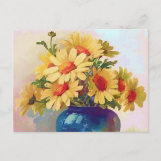 gele bloemen in blauw Vase-Briefkaart Briefkaart