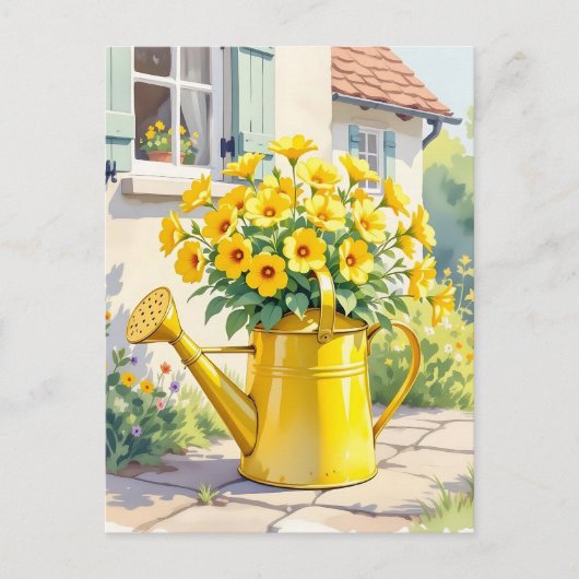 Gele Bloemen in Watering Can Briefkaart (Voorkant)