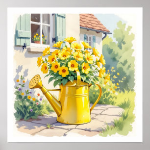 Gele Bloemen in Watering Can Poster