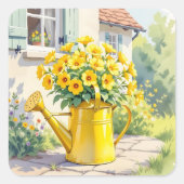Gele Bloemen in Watering Can Vierkante Sticker (Voorkant)