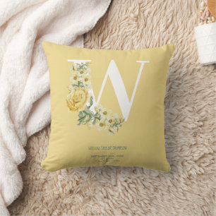 Gele bloemen Initiaal Baby Birth Stats Kussen