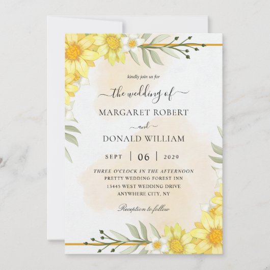 Gele bloemen met een gouden trouwuitnodiging kaart (Voorkant)