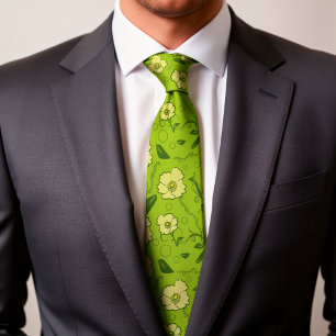 Gele Bloemen Met Ranken En Cirkels Op Groen Stropdas