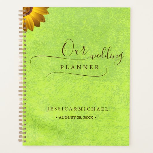 Gele Bloemen op Abstracte Groene Bruiloft Planner (Voorkant)