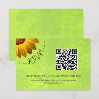 Gele Bloemen op Abstracte Groene Bruiloft RSVP Kaartje