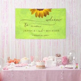 Gele Bloemen op Abstracte Groene Bruiloft Spandoek