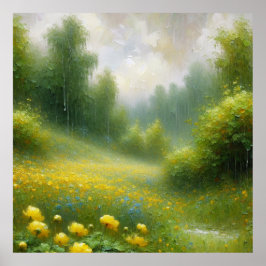 Gele bloemen op een regenachtige dag poster