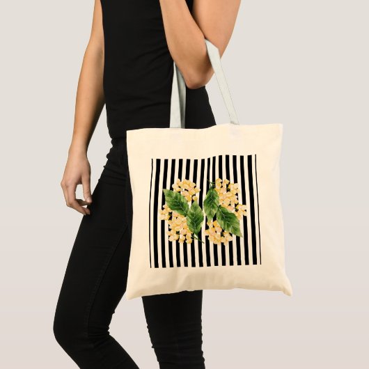 Gele bloemen op zwarte en witte strepen canvas tas (Voorkant (product))