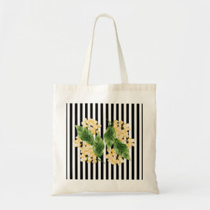 Gele bloemen op zwarte en witte strepen canvas tas