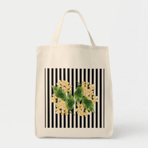 Gele bloemen op zwarte en witte strepen tote bag
