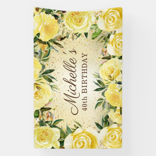 Gele Bloemen Rozen Gouden Glitter 40e Verjaardag Spandoek (Verticaal)