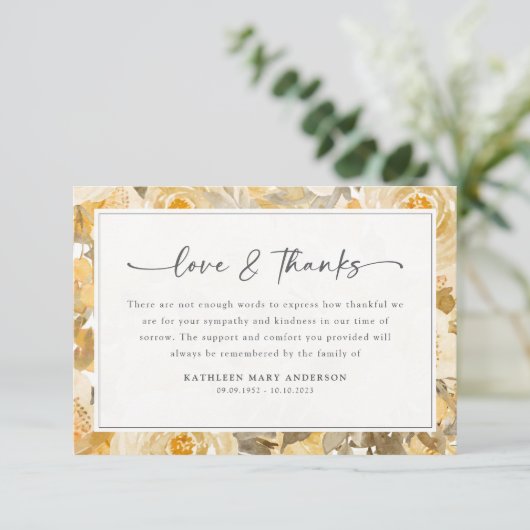 gele bloemen sympathie begrafenis bedankkaart (Staand voorkant)