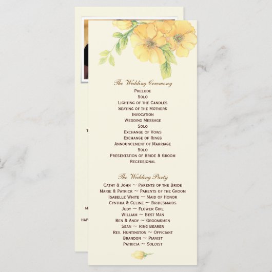 Gele Bloemen Trouwprogramma Foto Keepsake Programma (Voorkant / Achterkant)