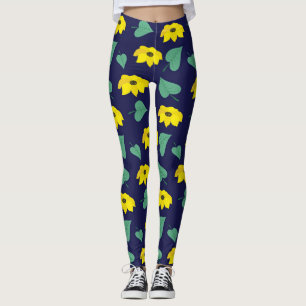 Gele bloemenblad print op marine leggings