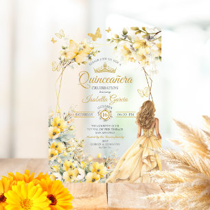 Gele bloemenkroon gouden tiara vlinders Quinceañer Acryl Uitnodigingen