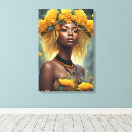 Gele bloementuin canvas afdruk (Insitu (Houten vloer))