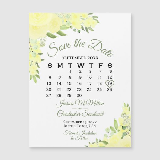 Gele bloemige rozen bewaar de datum kalender magne (Voorkant)
