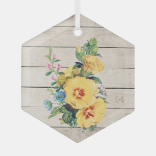 Gele bloemkool op Faux Weathered Wood Glas Ornament