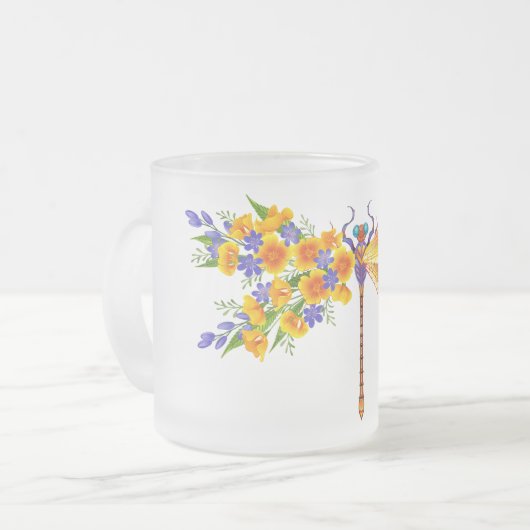 gele bloemlibel matglas koffiemok (Voorkant links)