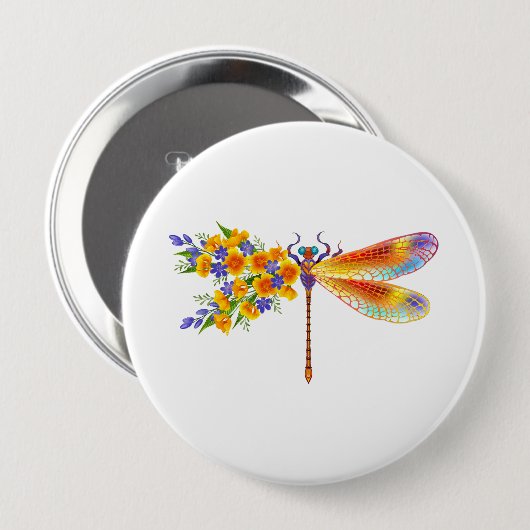 gele bloemlibel ronde button 4,0 cm (Voorkant /achterkant)