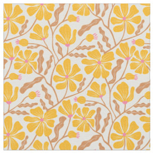 Gele bloemmotief in mid-century modern stijl stof