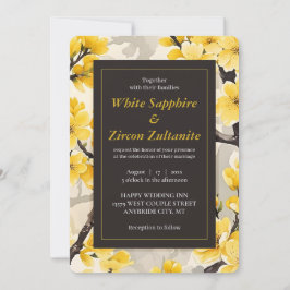 Gele Bloesem Zwarte Huwelijksuitnodiging Kaart