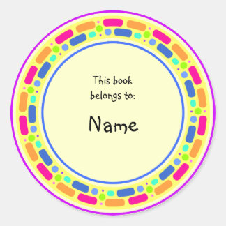 Gele boekenplaat met kleurrijke rand ronde sticker