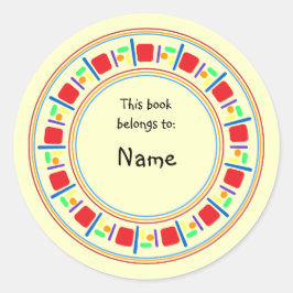 Gele boekenplaat met kleurrijke rand ronde sticker