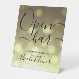 Gele Bokeh Trouwfeest Open Bar Reclamebord Met Voetstuk