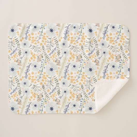 Gele botanische bloemen, zoet lentenblauw sherpa deken (Voorkant (horizontaal))