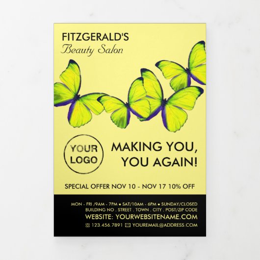 Gele botervliegen, Beauty Salon Tri-Fold Flyer Drieluik Uitnodiging (Cover)