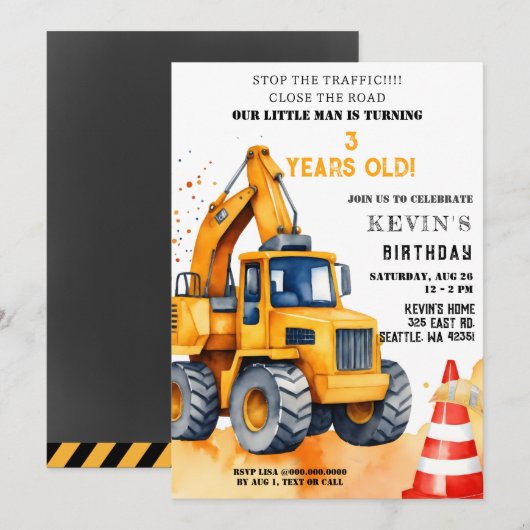 Gele Bouw Trucks Jongen Verjaardagsfeest Kaart (Voorkant / Achterkant)