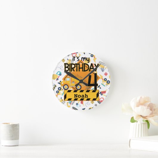 gele bouw vrachtwagen auto 4e verjaardag ronde klok (Huis)