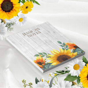 Gele bruine zonnebloem witte rustieke houten naam notitieblok