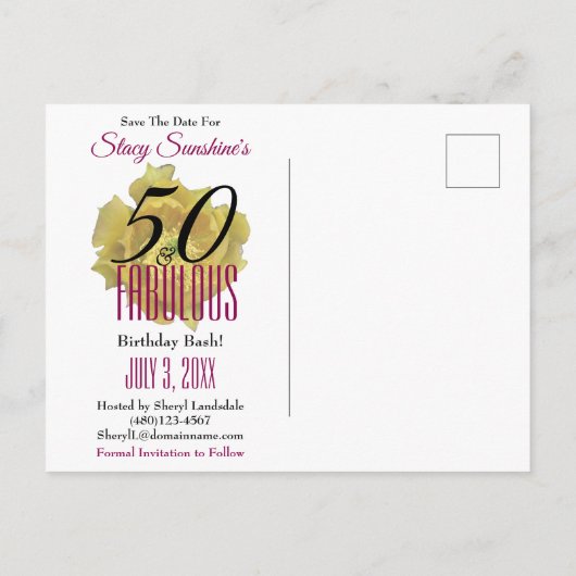 Gele Cactus Bloem 50 en Fabulous Save The Date Aankondigingskaart (Achterkant)