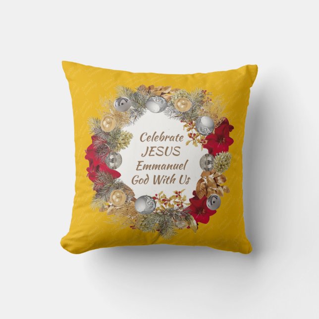 Gele CELEBRATE JESUS Kerstmis Wreater Kussen (Voorkant)