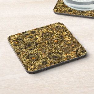 Gele chrysanthemum bloemen en oranje kevers bier onderzetter