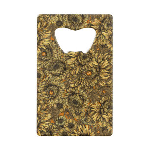 Gele chrysanthemumbloemen en oranje kevers kredietkaart flessenopener