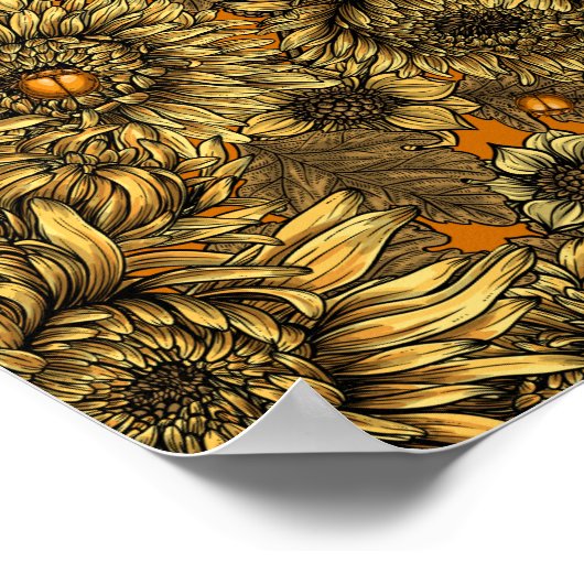 Gele chrysanthemumbloemen en oranje kevers poster (Hoek)