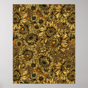 Gele chrysanthemumbloemen en sinaasappel kevers poster