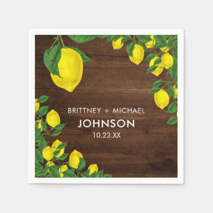 Gele Citroen Waterverf Paar Bruiloft Rustiek Hout Servet