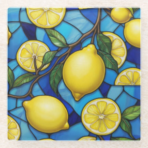 Gele citroenen op blauw Glas in lood kunst Glazen Onderzetter