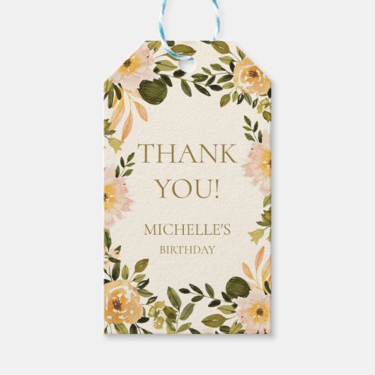 Gele Cream Floral Greenery Birthday Dank u Cadeaulabel (Voorkant)