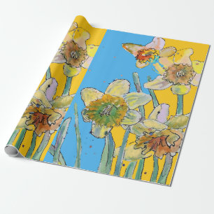 Gele Daffodil Blue Spring bloemen Waterverf Cadeaupapier